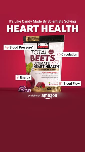 This ad for Force Factor Total Beets highlights the product's ability to support heart health with benefits of blood