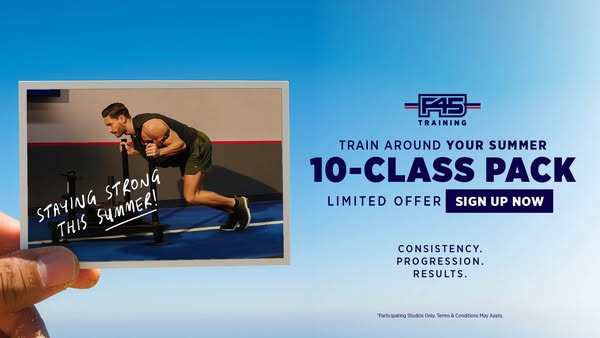 This image ad for F45 promotes a limited time offer of a 10-class pack for the summer. The image features a man working 