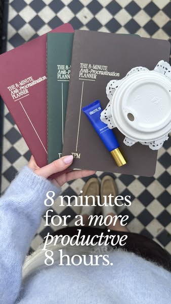 The ad features three Anti-Procrastination Planners in different colors, along with a skincare product. The text overlay