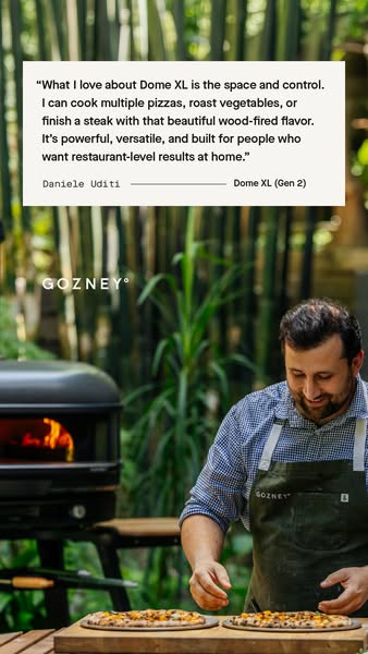 This ad features a testimonial from Daniele Uditi for the Gozney Dome XL pizza oven. The ad highlights the oven's sp
