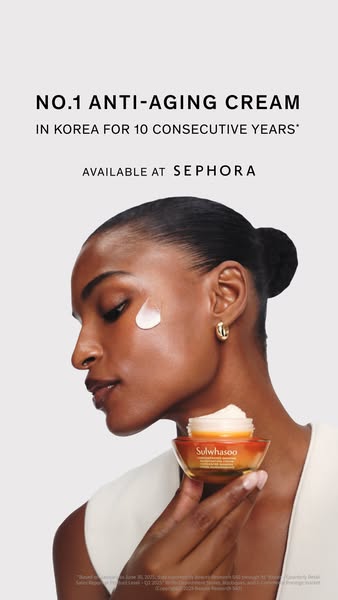 This Sulwhasoo ad features a dark-skinned model with a droplet of product on her face, holding a jar of concentrated gin