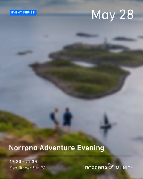 This ad promotes the Norrøna Adventure Evening event in Munich on May 28th. It provides the event time, location, and br