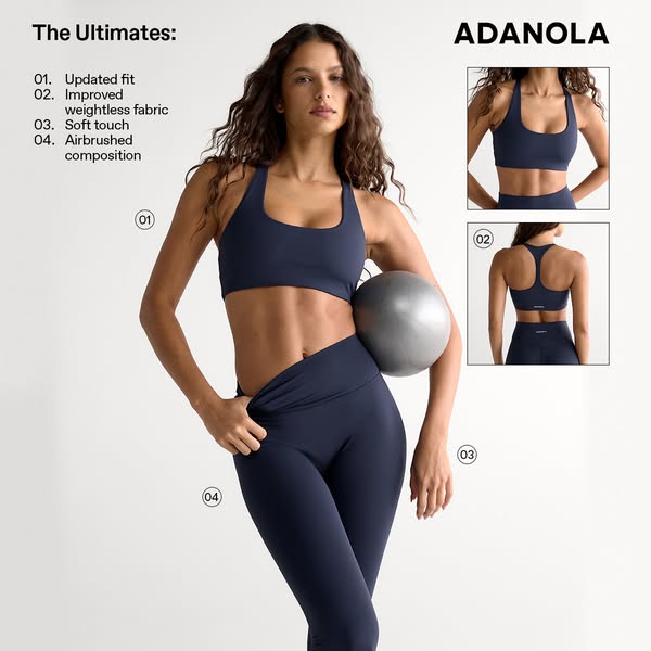 This ad showcases the "Ultimates" collection of athletic wear by ADANOLA, highlighting the updated fit, improv