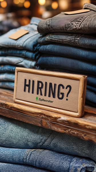 This image ad for ZipRecruiter features a sign that says "Hiring?" placed on a stack of jeans, suggesting that