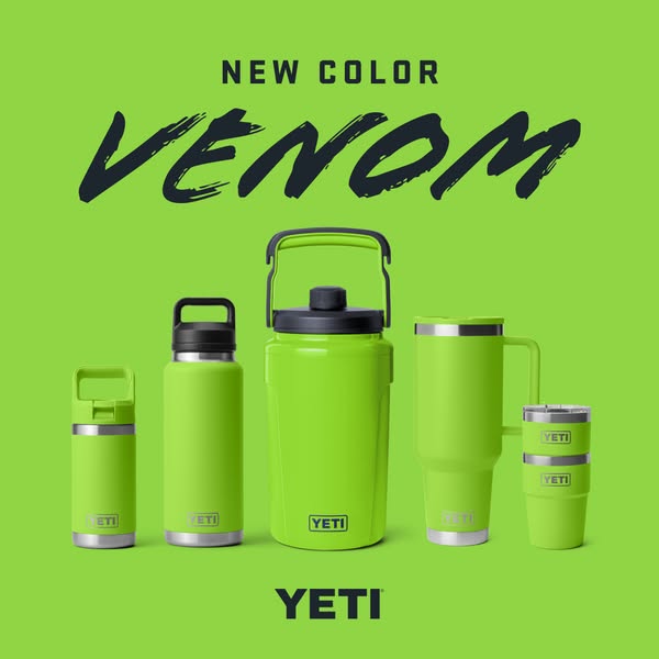 This ad showcases a range of YETI products in a new 'Venom' color. The visual arrangement emphasizes the variety