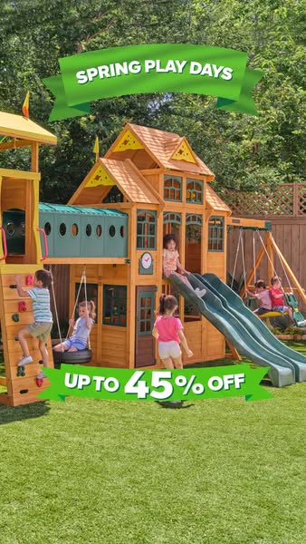This ad shows a wooden playground set and promotes a discount of up to 45% off.