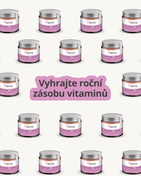 The ad features multiple jars of Verra Multivitamin Pro ženy against a pale background, with the copy: Vyhrajte roční zá
