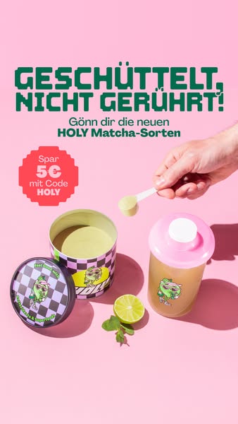 This ad promotes Holy's new matcha flavors with a discount code. It features a visually appealing layout with the pr