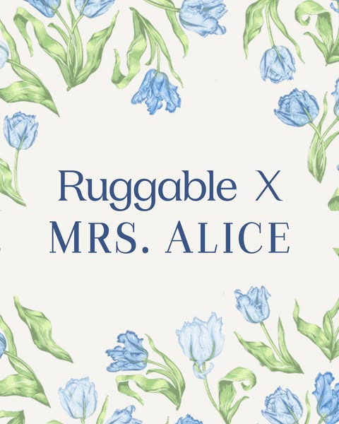 This ad is for a collaboration between Ruggable and Mrs. Alice. The ad features a floral design with blue tulips and gre