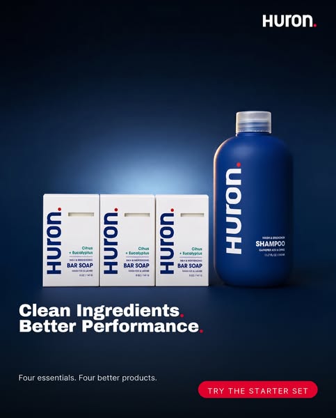This image ad for Huron features its bar soap and shampoo, highlighting the brand's commitment to clean ingredients 