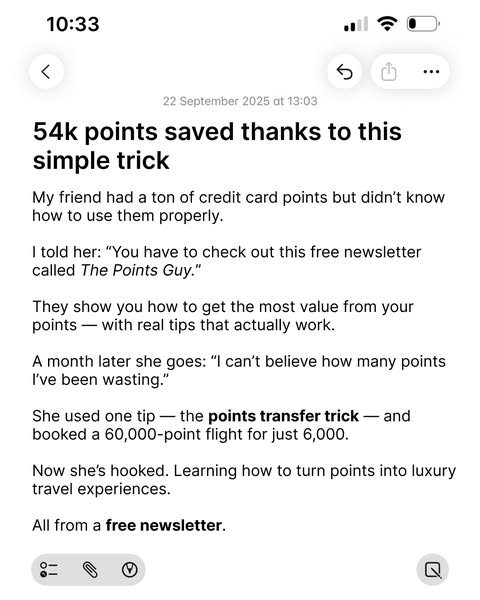 This ad promotes The Points Guy newsletter by sharing a story of a friend who saved 54k points and booked a 60,000-point