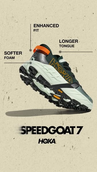 This image ad promotes the Hoka Speedgoat 7 trail running shoe by highlighting its key features, such as enhanced fit, s
