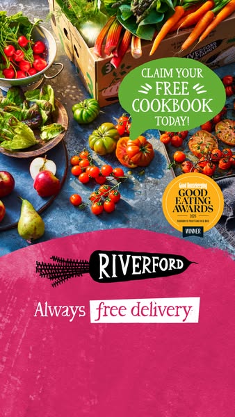 This image ad for Riverford promotes their organic fruit and vegetable delivery service and offers a free cookbook. The 