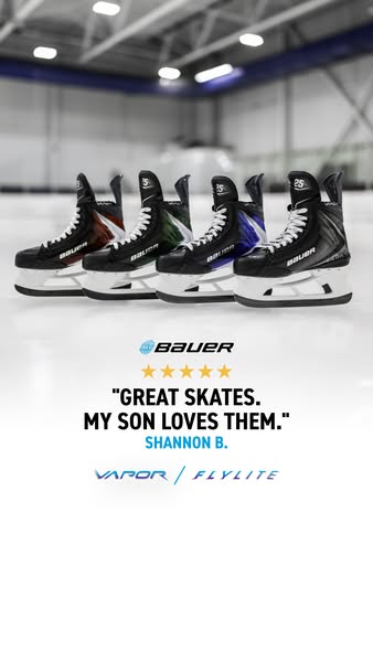 This image ad features a customer testimonial for Bauer Vapor Flylite ice skates, emphasizing their quality and appeal t