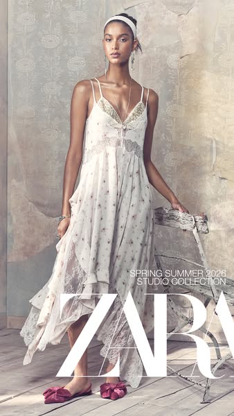 An image ad for Zara's Spring Summer 2026 Studio Collection, featuring a model wearing a light floral dress with lac
