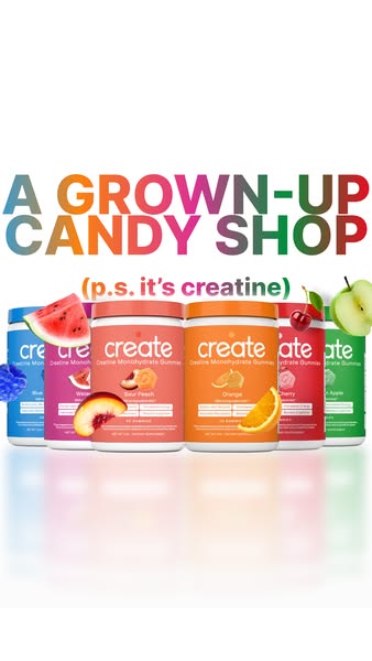 This ad is for Create creatine monohydrate gummies. The ad features the product in a variety of flavors and colors, and 