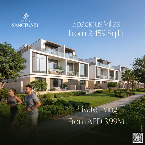 The ad promotes Sobha Sanctuary villas, highlighting the spaciousness and privacy of the living spaces. It targets indiv