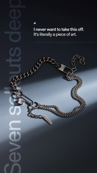 This vertical image ad features an eye-level product shot of a silver chain bracelet on a gradient blue background, over