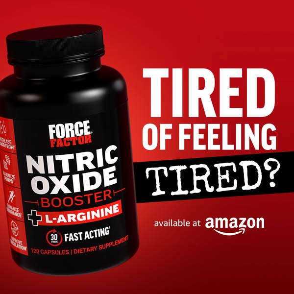 This image ad for Force Factor Nitric Oxide Booster presents the product bottle and its benefits for increasing blood fl
