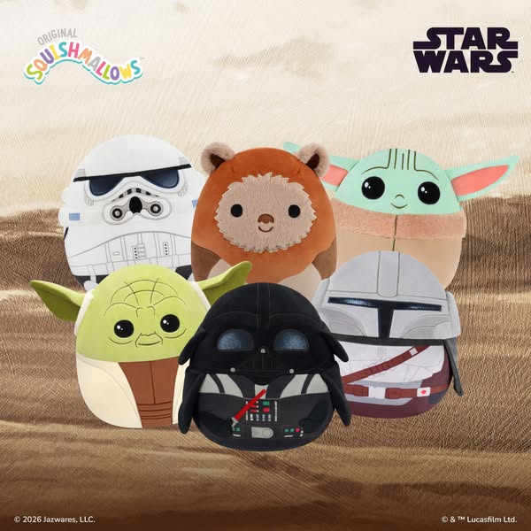 Image ad showcasing a variety of Star Wars themed Squishmallows against a tan backdrop.