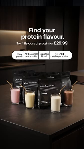 This ad promotes The Protein Works brand by advertising a variety pack of four different protein shake flavors for a pri