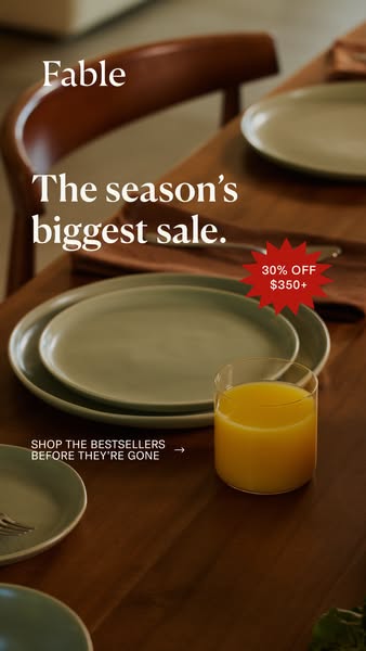 This image ad for Fable promotes a seasonal sale with a discount of 30% off on orders of $350 or more. The ad encourages