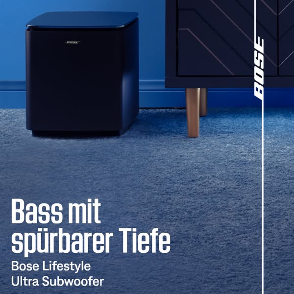 This ad showcases the Bose Lifestyle Ultra Subwoofer. The visual features the subwoofer positioned on a blue carpet with