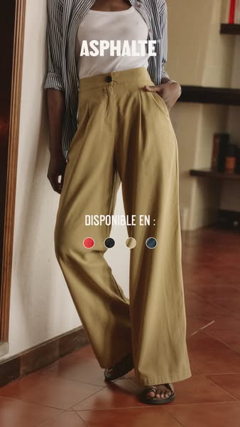This ad shows a woman wearing a pair of mustard-colored trousers. The ad calls out that the pants are available in multi