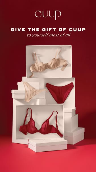 This ad showcases CUUP lingerie as a gift, especially to oneself. The ad features a stack of white gift boxes with linge