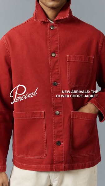 This image ad showcases Percival's Oliver Chore Jacket, highlighting it as a new arrival. The ad features a close-up
