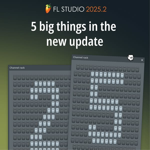 This ad showcases the FL Studio brand and its music production software, highlighting five key improvements in the new u