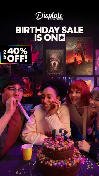 The ad promotes a birthday sale from Displate, featuring a group of friends at a party in front of some Displate posters
