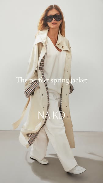 An advertisement featuring a blonde-haired woman in a white outfit with sunglasses, wearing a light beige trench coat. T