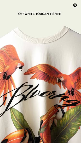 This image ad showcases a white t-shirt with a toucan design from the brand OffWhite.