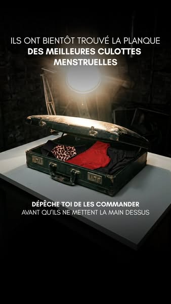This ad presents a mysterious product reveal of menstrual underwear in a briefcase with a catchy phrase about 'the b