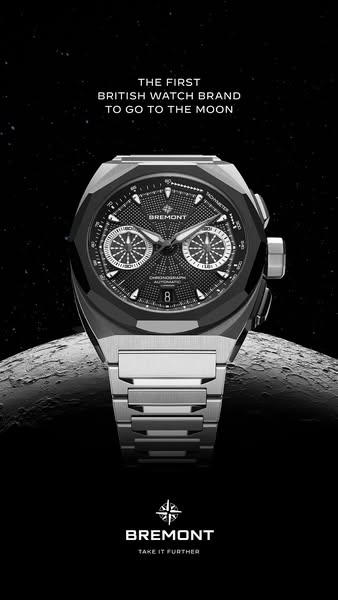 This ad features a Bremont watch against a background of the moon, emphasizing the brand's pioneering spirit in spac