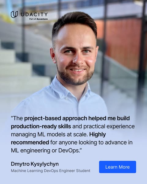 This ad features a close-up headshot of a Machine Learning DevOps Engineer student from Udacity, who shares a positive t