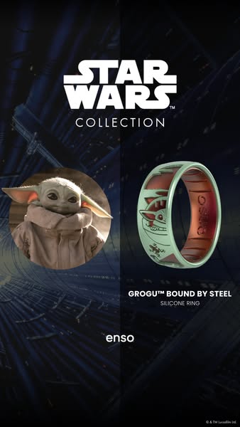 This ad highlights a ring that is part of the Star Wars collection. The ring features Grogu. The ring is made by enso.