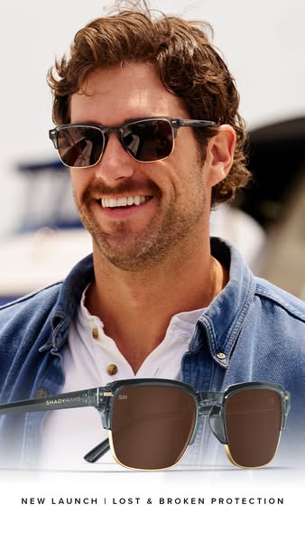 This ad features a closeup of a man wearing Shady Rays sunglasses, as well as a product shot of the same pair of sunglas