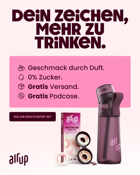 The ad features the air up water bottle along with the pod variety pack. It mentions that the water bottle offers taste 