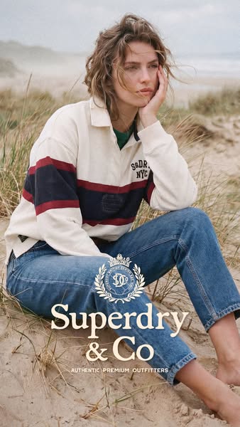An image ad showing a woman sitting in the sand wearing a Superdry polo shirt and jeans. The Superdry logo is displayed 
