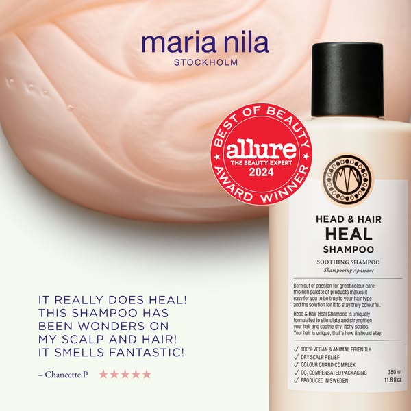 This ad features Maria Nila's Head & Hair Heal Shampoo. The image shows the product bottle alongside a testimoni