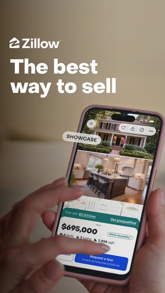 Ad for Zillow showcase featuring a hand interacting with a mobile phone displaying a home listing with multiple images a