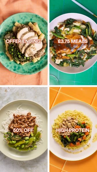 This image ad features a grid of four close-up shots of plated prepared meals. Each meal is presented on a neutral-toned