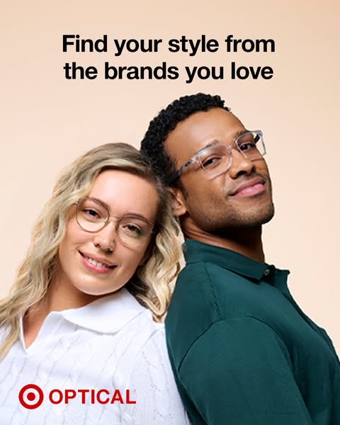 A lifestyle ad showing a man and woman wearing eyeglasses that are sold at Target Optical. The text emphasizes finding y