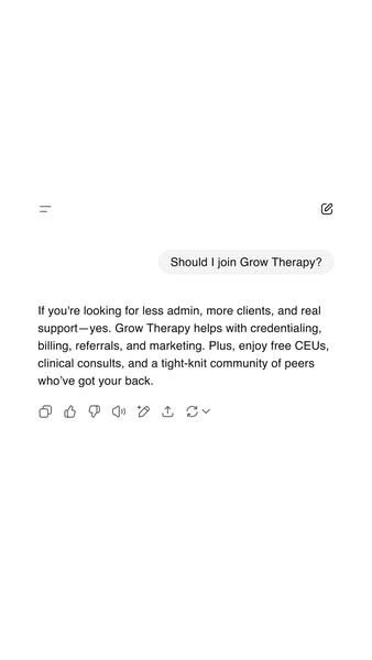 This ad is for Grow Therapy. It is in the format of a screenshot of a text message. The text message asks, "Should 