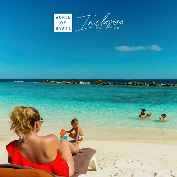 An ad for the World of Hyatt Inclusive Collection, highlighting a family enjoying a tropical beach vacation.