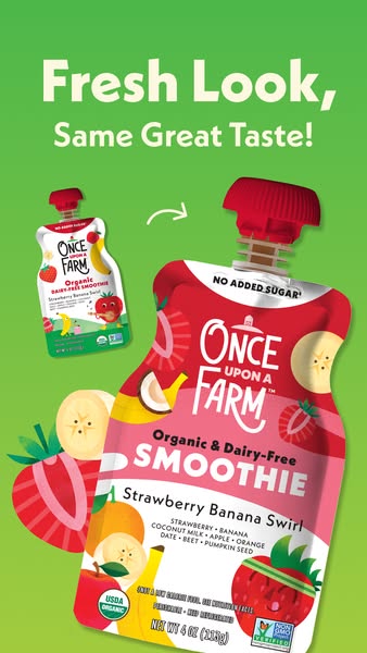This ad promotes Once Upon a Farm's organic and dairy-free smoothie. The ad features a pouch of Strawberry Banana Sw