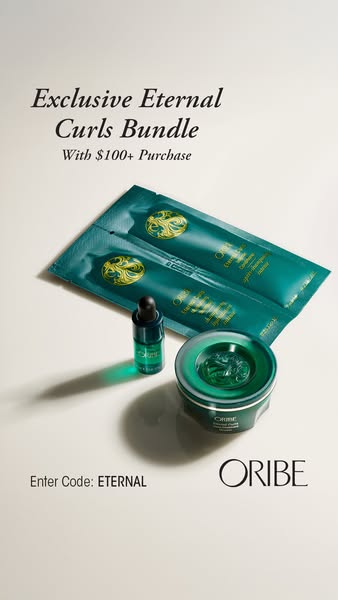 The ad showcases Oribe's Eternal Curls Bundle, highlighting the products included and promoting the bundle as part o