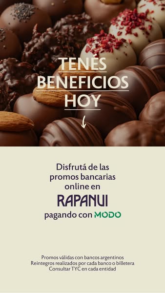 This ad for Rapanui promotes online banking promos using Modo. The image shows a variety of chocolate candies, with text
